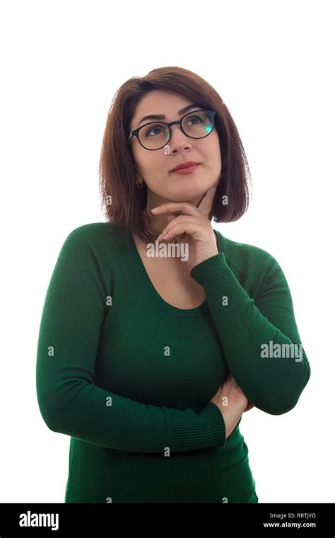 Pensive Young Woman Holding Hands Under Chin Wearing Glasses Isolated