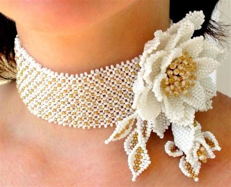 Exclusive Beaded Bridal Collar Necklace Brooch With White