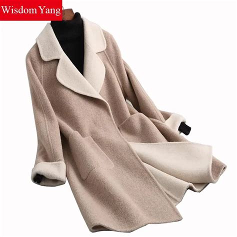 Winter Women Coat Beige Long Sleeve Sheep Wool Alpaca Cashmere Coats