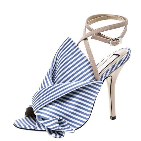 N 21 Bluewhite Stripe Knotted Satin Gingham Ankle Wrap Peep Toe