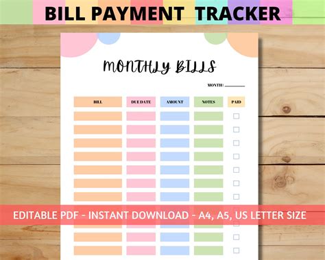 Bill Payment Checklist Bill Planner Monthly Bill Bill Tracker Printed Materials Letter Size