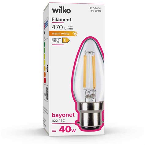 Wilko 1 Pack Bayonet B22 BC LED Filament 470 Lumens Candle Light Bulb