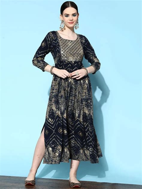 Buy Navy Blue Printed Rayon Fit And Flared Dress Online At Rs887 Libas