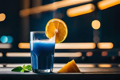 Premium Ai Image A Glass Of Blue Liquid With Orange Slices On The Table