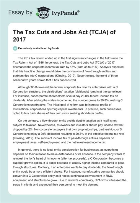 The Tax Cuts And Jobs Act Tcja Of 2017 345 Words Essay Example