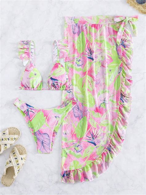 SHEIN Swim Vcay Tropical Print Ruffle Trim Bikini Swimsuit With Beach