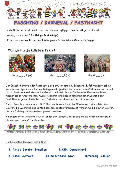 Feste und Bräuche Fasching Karneval Deutsch DAF Arbeitsblätter pdf doc