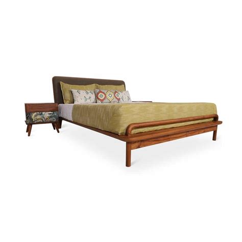 Kolo Queen Size Teakwood Bed With Ash Grey Fabric Alankaram