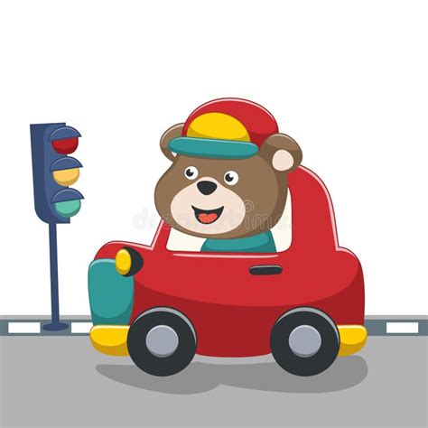 Ilustração Vetorial Do Carro Azul De Condução De Urso Fofo Que Vai Para