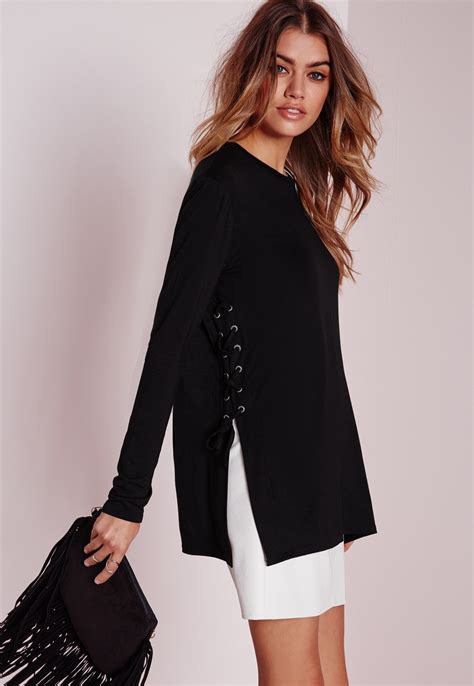 Missguided Lace Up Detail Split Side Tunic Black Women Tops Online