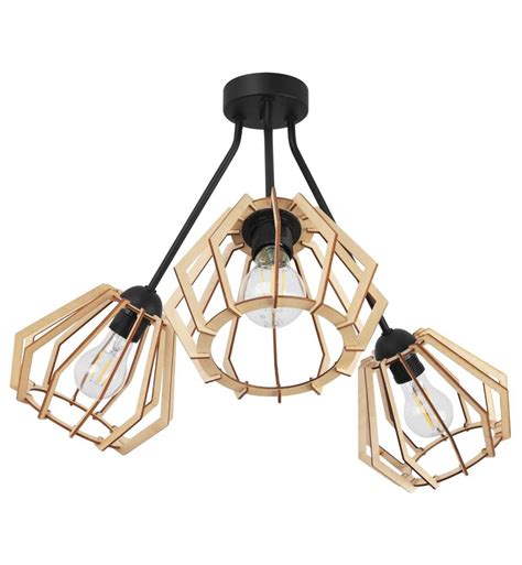 Lampa Sufitowa Trio Timber Boho Czarny Trzy Klosze Metal Drewno