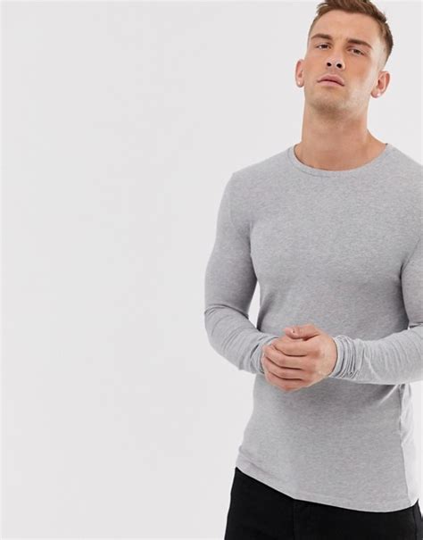 Asos Design Muscle Fit Long Sleeve Crew Neck T Shirt In Grey Marl Asos