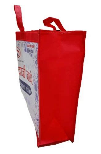 White And Red Non Woven Stitched Box Bag For Shopping And Grocery