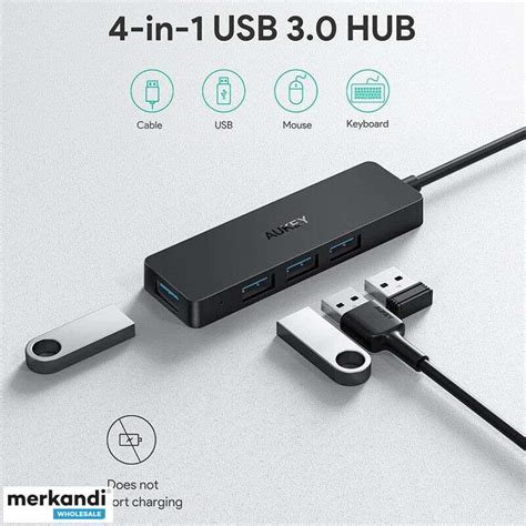 Aukey CB H39 4 Bağlantı Noktalı USB 3 0 Hub Siyah USB A Kart Okuyucu