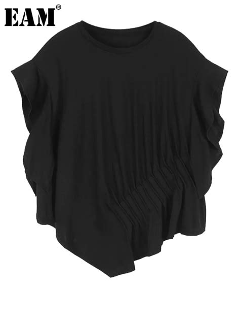 Eam Women Black Pleated Irregular Big Size Casual T Shirt New Round