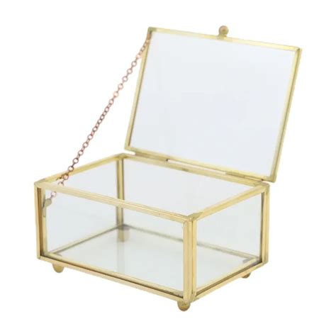 Golden Metal Vintage Glass Jewelry Box Rectangle Geometric Jewelry