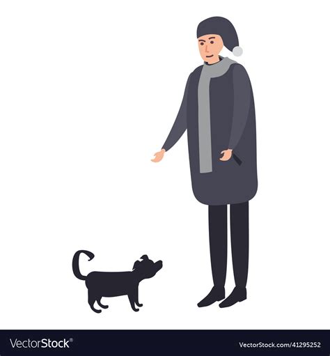 Manwith With Dog Winter Cold Weather Clothes Hat Vector Image
