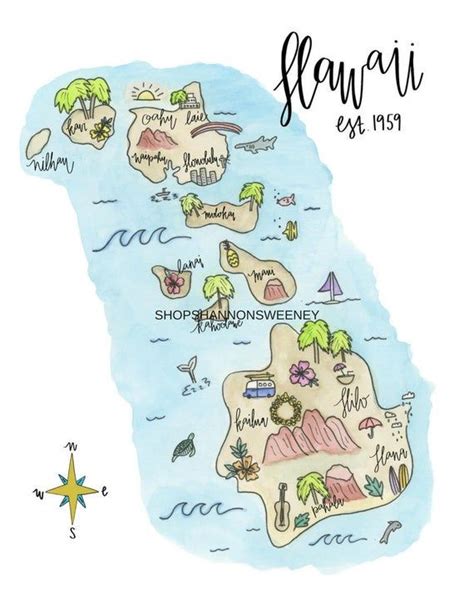 Watercolor Print Hawaii State Map Free Shipping Illustrated State Map