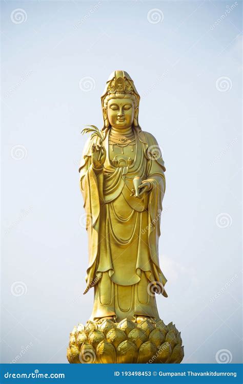 Golden Statue Of The Goddess Of Mercy Guanyin Or Guan Yin Standing On