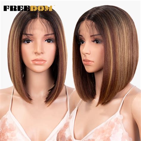 Freedom Perruque Synth Tique Lisse Courte Bob Ombr Marron Rouge