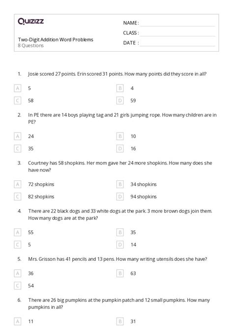 50 Two Digit Addition Word Problems Worksheets On Quizizz Free