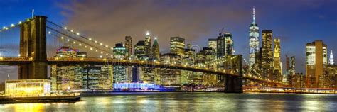 New York City Skyline Noc Manhattan Miasto Panoramiczny Widok Brooklyn