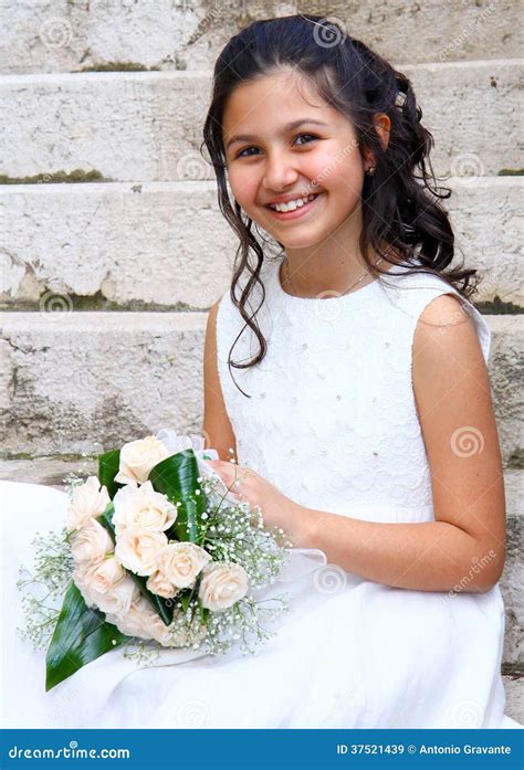 First Communion Beautiful Girl Stock Image Image Of Happy Innocent