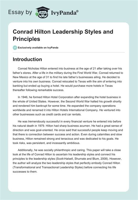 Conrad Hilton Leadership Styles And Principles Words Essay Example