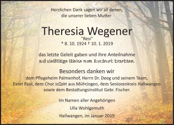 Traueranzeigen Von Theresia Resi Wegener Schwarzw Lder Bote Trauer