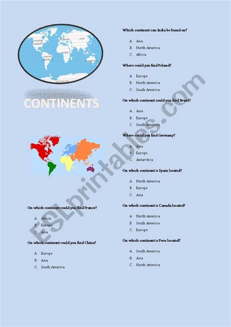 Continents - quiz - ESL worksheet by IIPeggyBrownII