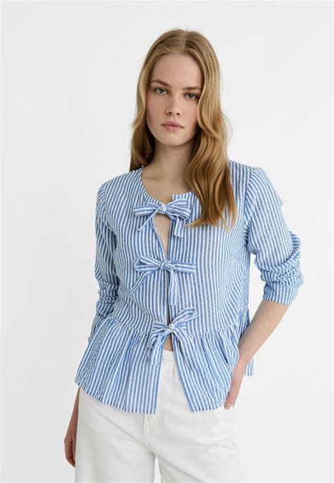 Stradivarius Striped With Bows Blouse Light Blue Bleu Clair