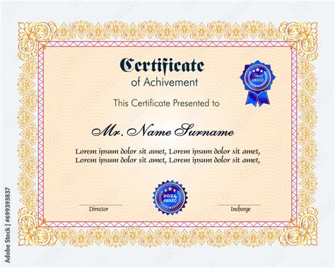 Obraz Certificate Of Achievement Template Set With Gold Badge And