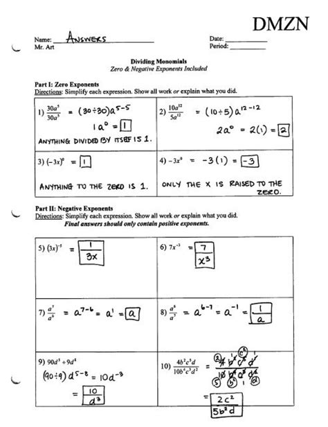 Division Of Monomial By Monomial Worksheet