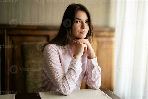 Young Beautiful Brunette Woman Sit In Coffee Shop Cafe Restaurant