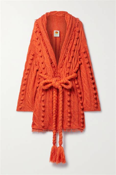 Farm Rio Oversized Belted Frayed Embellished Cable Knit Cardigan In Red