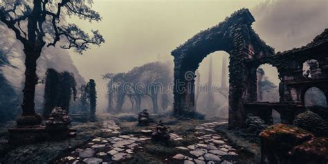 Rovine Di Conifere I Resti Di Un Antico Castello Avvolto In Nebbia