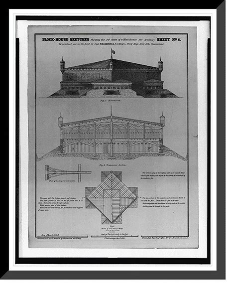 Historic Framed Print Architectural Drawing For A Blockhouse