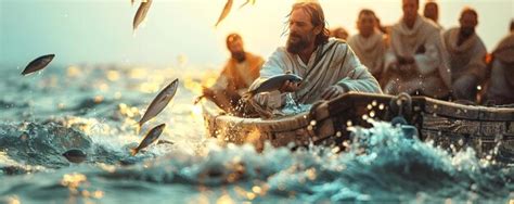 Jesus Helps Happy Fishermen Catch Fish In A Biblical Religious Scene