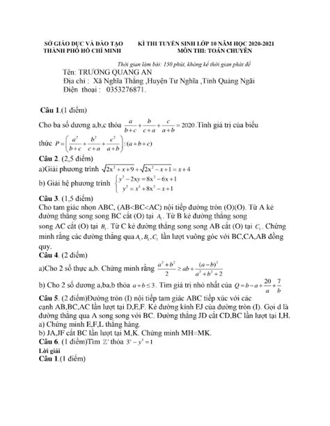 Đề Thi Tuyển Sinh Vào Lớp 10 Thpt Chuyên Môn Toán Tphcm Năm Học 2020 2021 Có đáp án