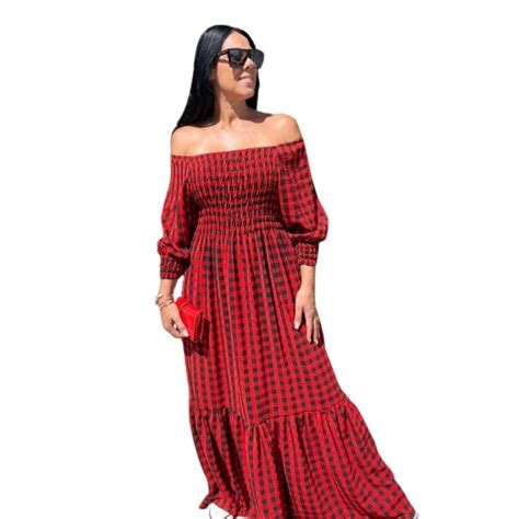 Vestido Longo Plus Size Ciganinha Tamanho Grande Xadrez Tendência 2023