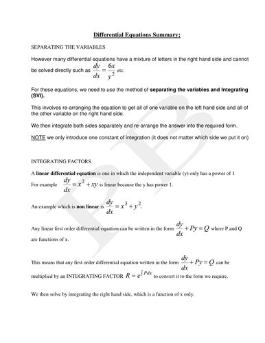 Differential Equations Summary Teaching Resources