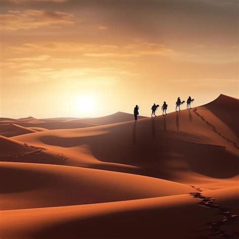 Premium AI Image A Group Of Camel Caravans Are On A Sand Dune At Sunset