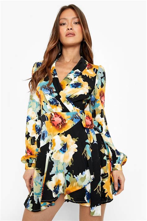 Boohoo Floral Wrap Detail Mini Skater Dress Debenhams