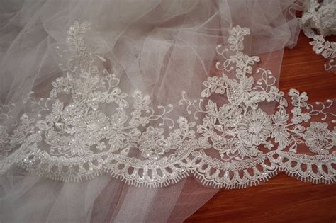 Ivory Alencon Lace Trim Embroidered Beaded Bridal Veil Fabric Etsy