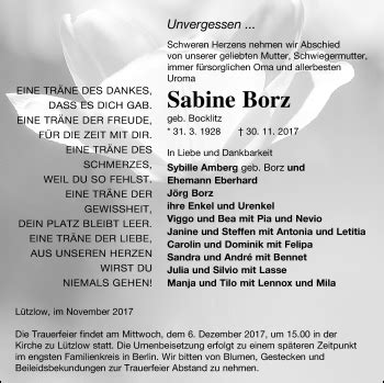 Traueranzeigen Von Sabine Borz Trauer Nordkurier