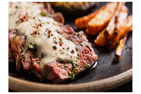 Sirloin Steaks And Peppercorn Sauce With Herb Crusted Mushrooms