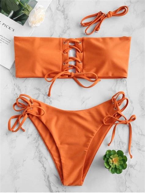 ZAFUL Padded Lace Up Bikini Set CHOCOLATE M Bikini Set Bikinis