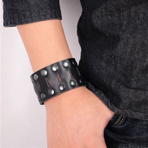 Men Wide Leather Bracelet Brown Wide Cuff Bracelets Bangles Wristband