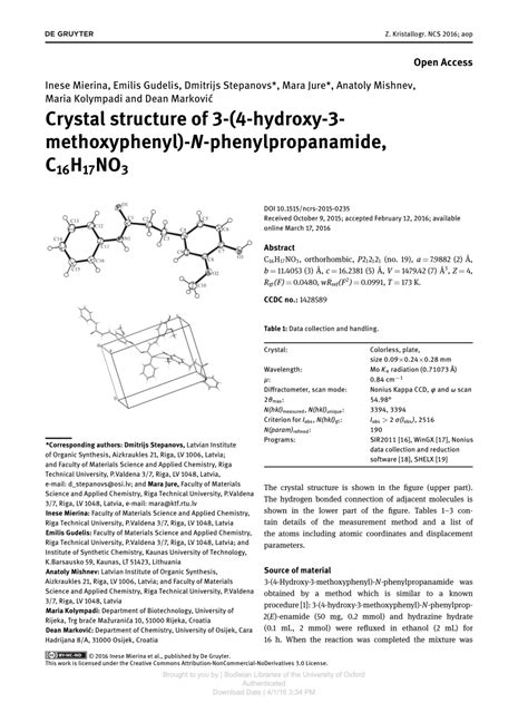 PDF Crystal Structure Of 3 4 Hydroxy 3 Methoxyphenyl N