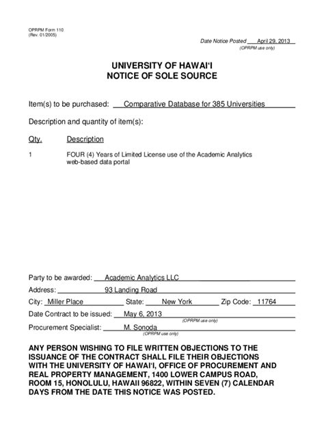 Fillable Online Hawaii Notice Of Sole Source Academic Analytics